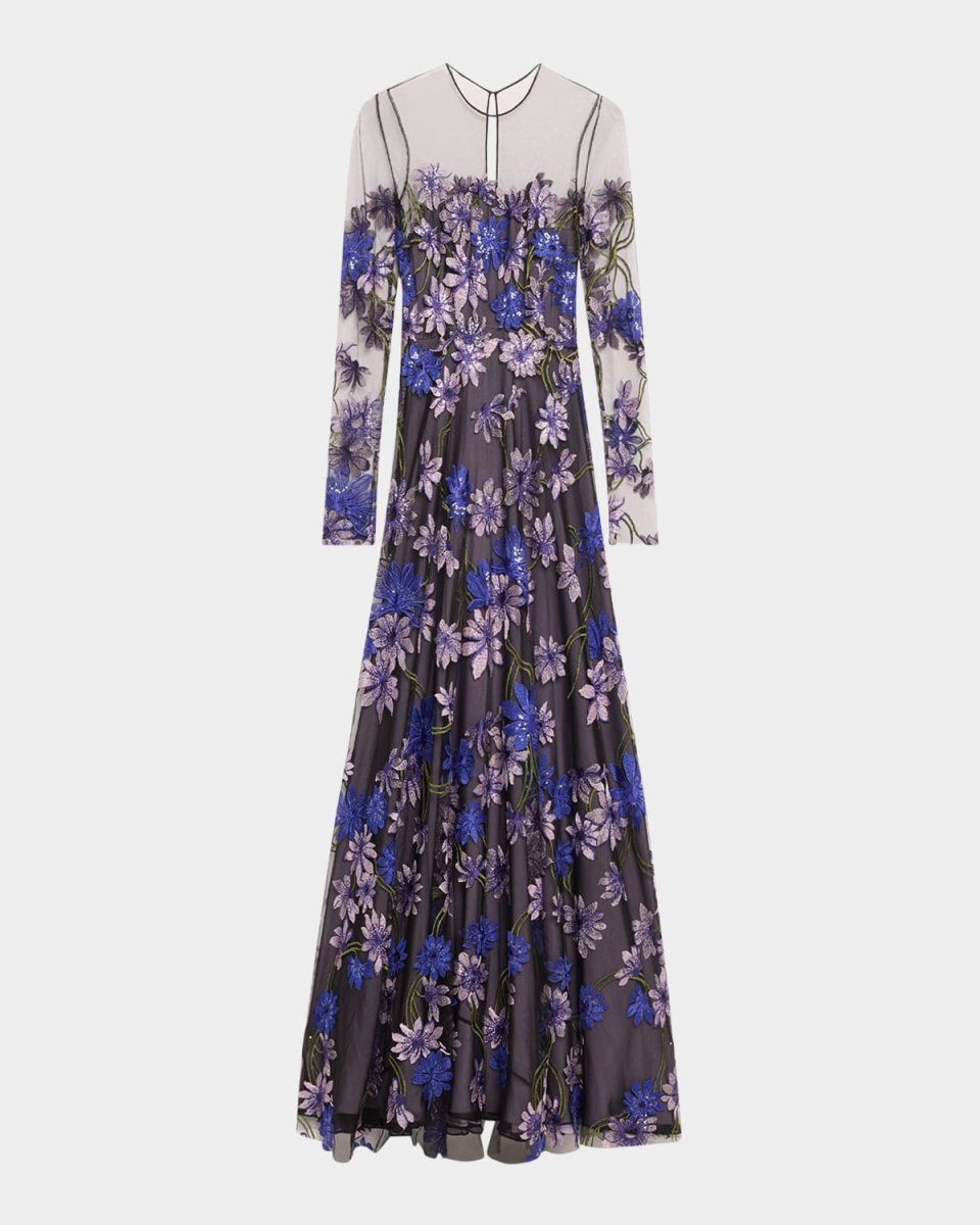 Floral-Embroidered Long-Sleeve Illusion Gown